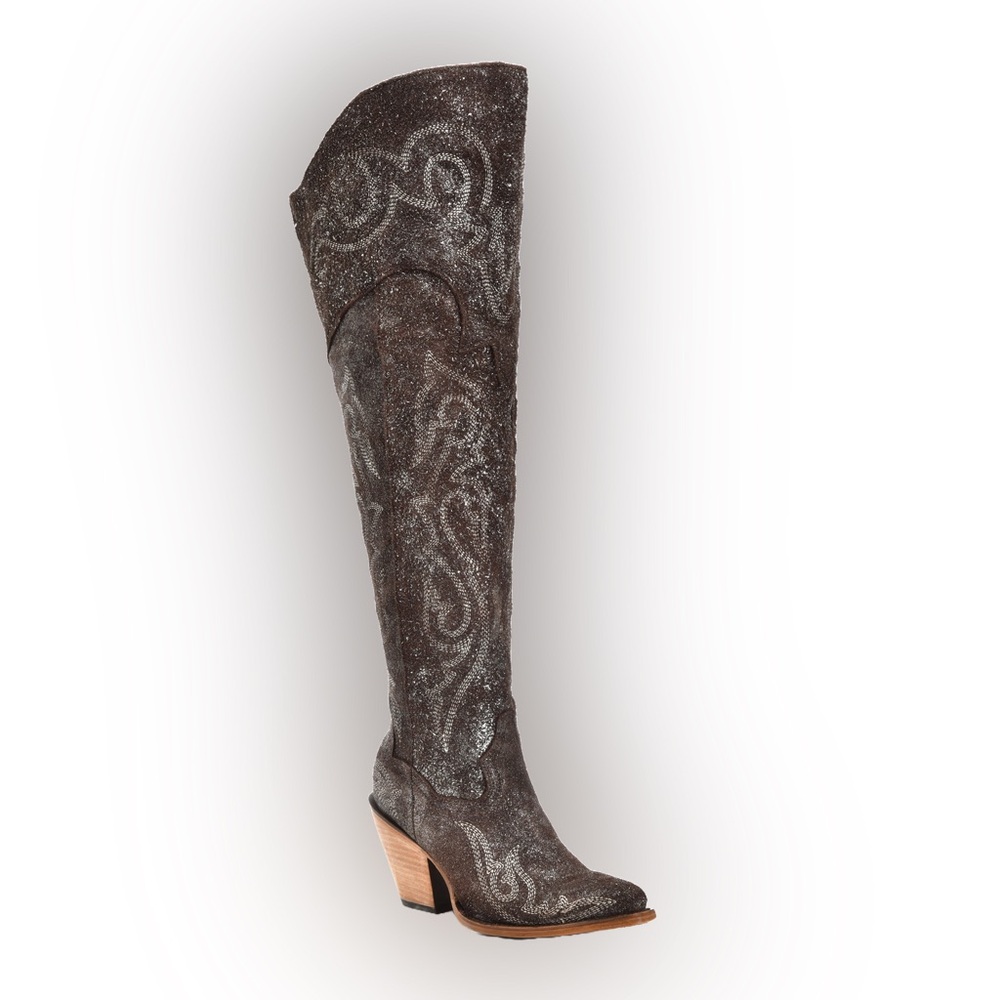Corral Scrunchable Brown-Silver Metallized Leather Tall Boots Z5242